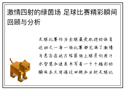 激情四射的绿茵场 足球比赛精彩瞬间回顾与分析