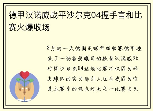 德甲汉诺威战平沙尔克04握手言和比赛火爆收场