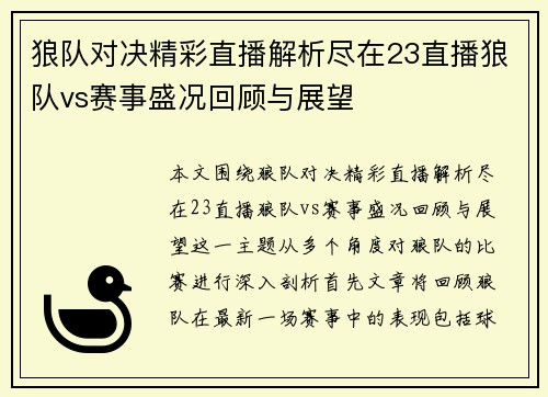 狼队对决精彩直播解析尽在23直播狼队vs赛事盛况回顾与展望