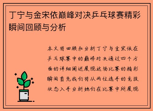 丁宁与金宋依巅峰对决乒乓球赛精彩瞬间回顾与分析
