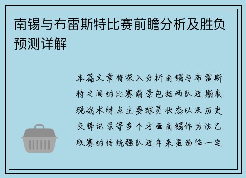 南锡与布雷斯特比赛前瞻分析及胜负预测详解