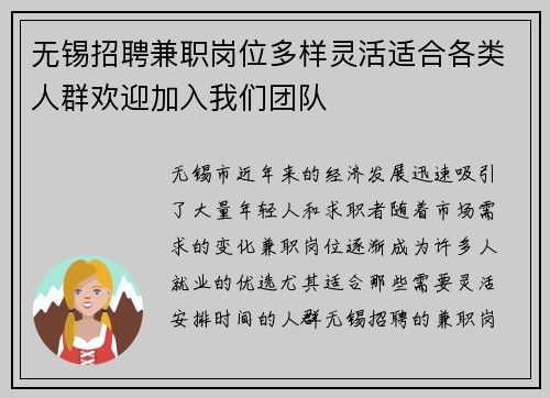 无锡招聘兼职岗位多样灵活适合各类人群欢迎加入我们团队