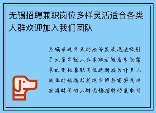 无锡招聘兼职岗位多样灵活适合各类人群欢迎加入我们团队