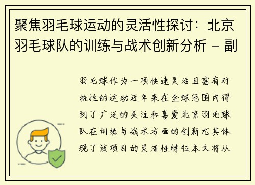 聚焦羽毛球运动的灵活性探讨：北京羽毛球队的训练与战术创新分析 - 副本