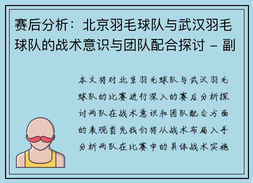 赛后分析：北京羽毛球队与武汉羽毛球队的战术意识与团队配合探讨 - 副本